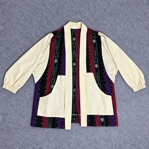 VTG Sylvia Ann Ikat Jacket Womens S Cream Burgundy Open Front Artisan Cardigan